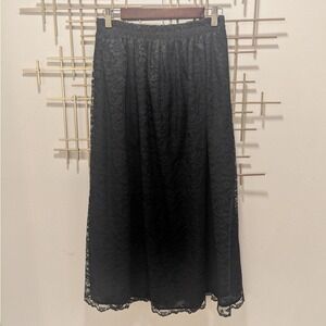 Vtg Maxi Skirt Black Lace Floral Elastic Waist Sz L Whimsigoth Dark Romantic